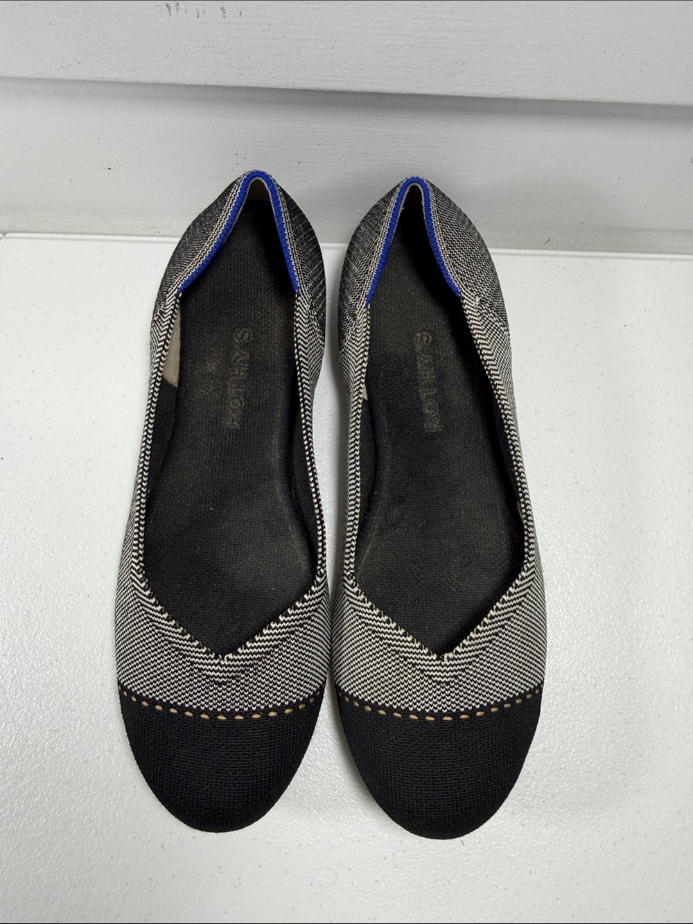 *Retired* Rothys The Daily Flat Capped Toes Black & White Herringbone size 10